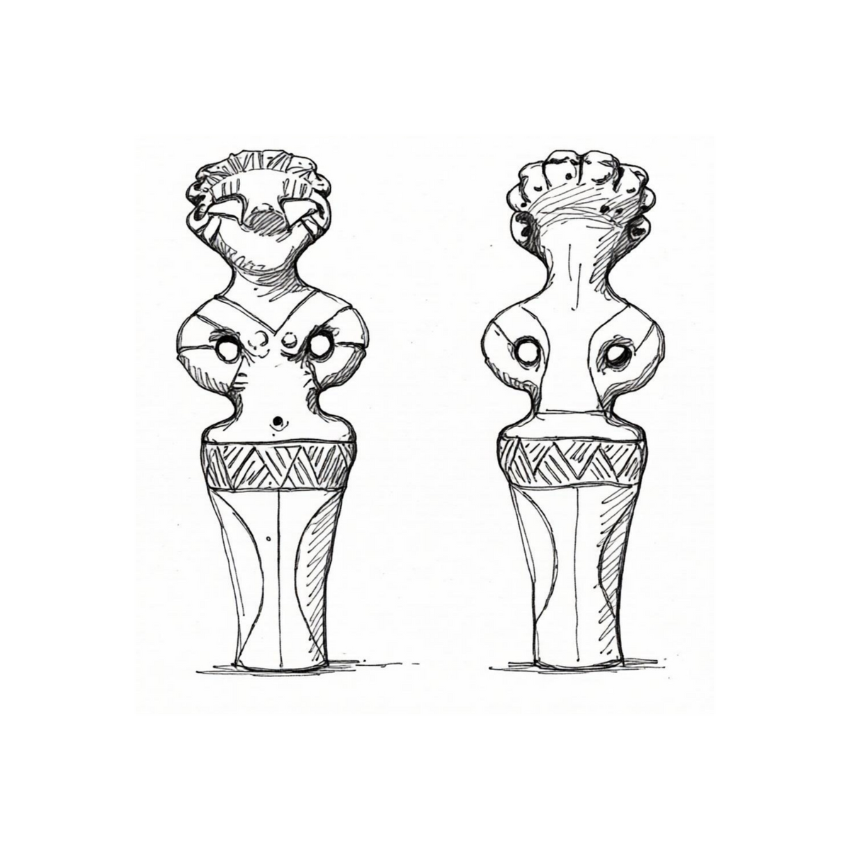 Black and white line art sketch showing two views of a stylized female figurine, likely representing front and back or left and right sides, with geometric patterns on the waist and hair.